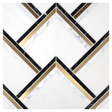 Aliston mosaic tile in Sivec White, Statuario and Nero Marquina marble with Brass accents.