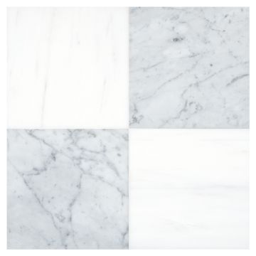 Checkered tile pattern in White Whisp Dolomiti and Carrara marble.