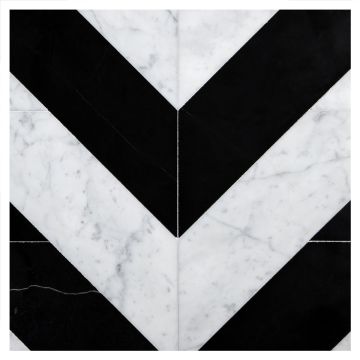 Chevron Solid tile pattern in Carrara and Nero Marquina marble.