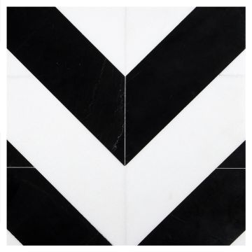 Chevron Solid tile pattern in Thassos and Nero Marquina marble.