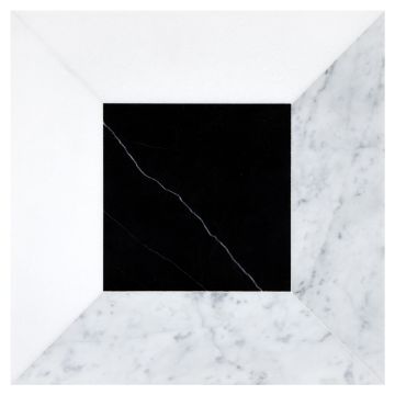 Delano Solid tile pattern in honed Thassos, carrara and nero marquina marble.