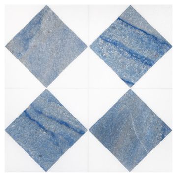 Ehysquare mosaic in honed Thassos and polished Blue Ronse marble, consistent orientation.