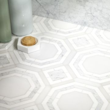 Geoluxe Waterjet | Thassos - Iceland White - Carrara - Polished | Unique Mosaic Tile - Marble