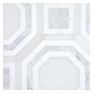 Geoluxe Waterjet mosaic tile in polished Thassos, Iceland White and Carrara marble.