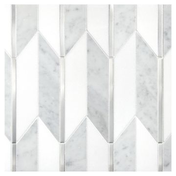 Griffith mosaic tile in Carrara and Thassos marble with Stainless Steel accents.