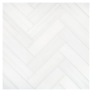 1-1/2" x 6" Herringbone mosaic in honed White Whisp Dolomiti marble.