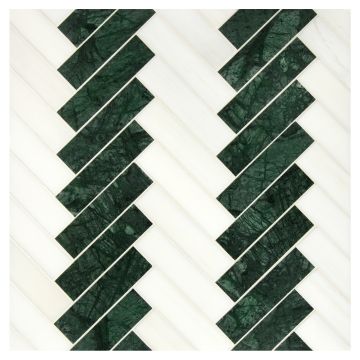 1" x 4" Herringbone Paired stone mosaic in White Whisp Dolomiti and Empress Green honed marble.