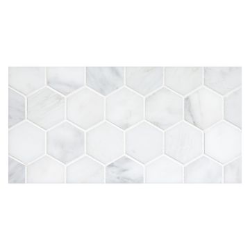 2" hexagon mosaic tile in honed White Blossom marble.