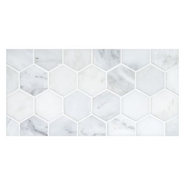 2" hexagon mosaic tile in polished White Blossom marble.