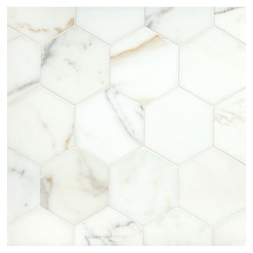 3-1/2" Hexagon marble mosaic made from honed Calacatta Gold.