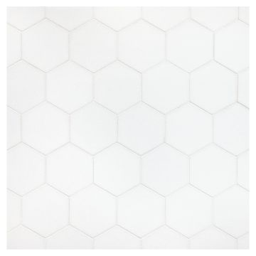 2-1/4" Hexagon mosaic in polished Crystallized Thassos Glass.
