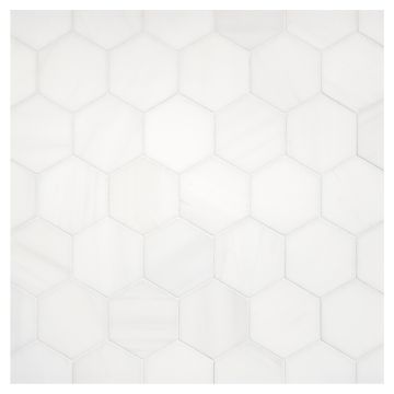 2-1/4" Hexagon mosaic in honed White Whisp Dolomiti marble.