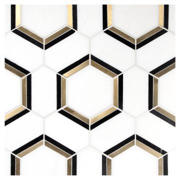 Hexart mosaic tile with polished Thassos and Nero Marquina with Brushed Brass accents.