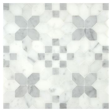 Lucerne mosaic in honed Carrara Claro Light and Carrara Scuro Select marble.