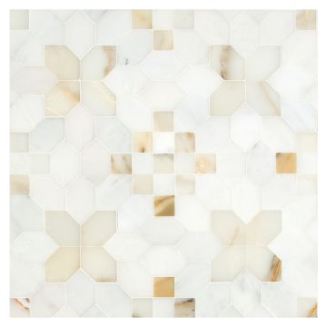 Lucerne marble mosaic pattern in White Blossom Ultra Premium and Calacatta Gold honed marble.