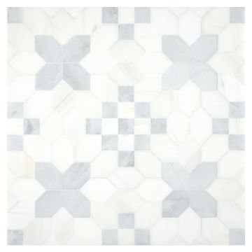 Lucerne mosaic in honed White Whisp Dolomiti and Blue Caress Light marble. 