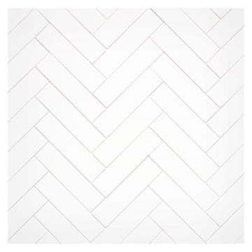 1" x 4" Ultra Flat ceramic Herringbone mosaic tile in glossy White. 