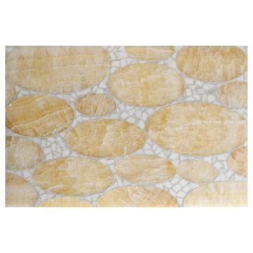 Muna mosaic pattern using Calacatta, Thassos and Honey Onyx.