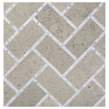 Puccini Field mosaic pattern using honed Gascogne Blue and polished Calacatta marble.
