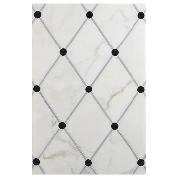 Quilted mosaic pattern in honed Calacatta, polished Nero Marquina and Bardiglio marble.