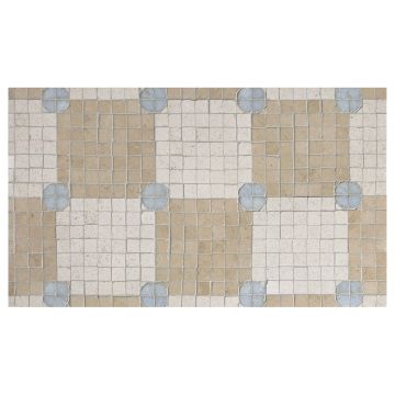 Dot Check mosaic pattern in Crema Marfil, Ivory Cream and Blue Celeste marble.