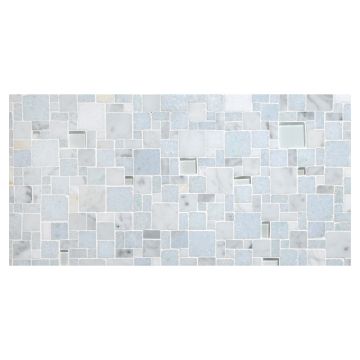 Opus Azul pattern made from Blue Celeste, Carrara, Thassos, and Calacatta marble with glass accents.