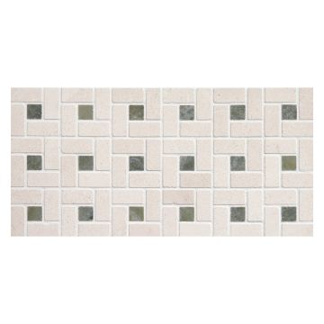 Pinwheel mosaic tile in Crema Macon limestone and Canopy Green marble.