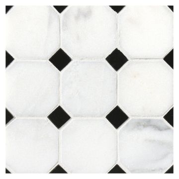 2" Octagon with Dots mosaic in White Statuary Calacatta and Black marble.