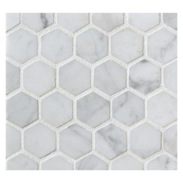 1" Hexagon mosaic tile in honed Carrara Claro Premium marble.