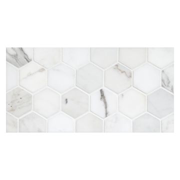 2" Hexagon mosaic in polished Calacatta marble.
