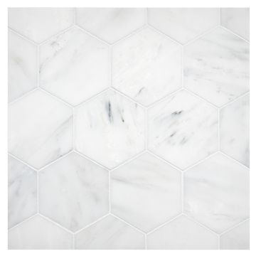 3-1/2" Hexagon mosaic tile in honed White Blossom marble.