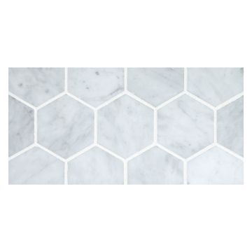 3" hexagon mosaic in polished carrara marble.