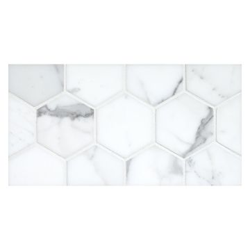 3" hexagon mosaic in polished statuary marble.