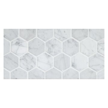 2" hexagon mosaic in tumbled carrara marble.