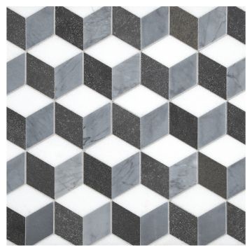 Optic Cube mosaic in honed Thassos and Bardiglio marble with Basalt.