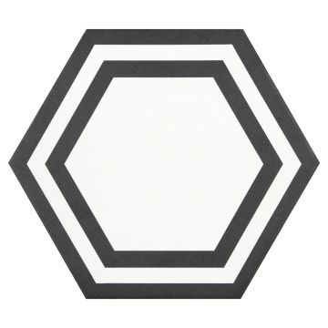 8" Hanson Hexagon porcelain tile in Black color with a white background, matte finished.