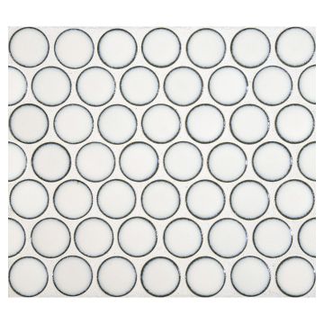 3/4" porcelain penny round mosaic tile in gloss finished Lush White color.