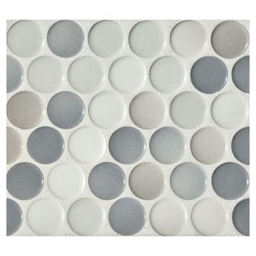 1" porcelain penny round mosaic tile in gloss finished Graphite Blend color.