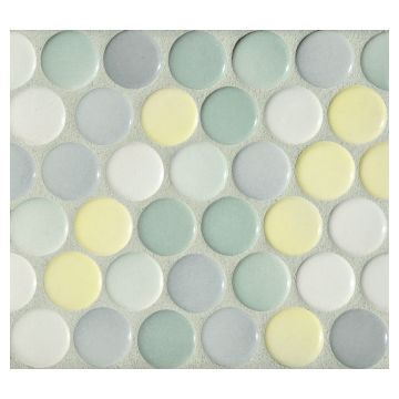 1" porcelain penny round mosaic tile in gloss finished Citrus Blend color.