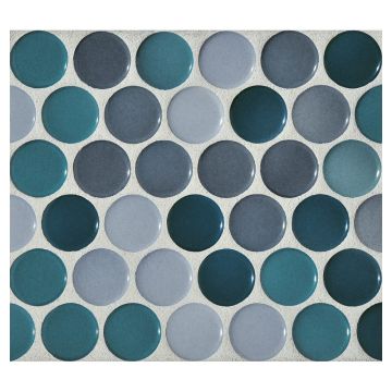 1" porcelain penny round mosaic tile in gloss finished Cerulean Blend color.