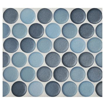 1" porcelain penny round mosaic tile in matte finished Cerulean Blend color.