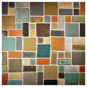 Prodigy Random ceramic mosaic blend in Slate, Chalk, Graystone, Brownstone, Sedona, and Limestone glaze colors.