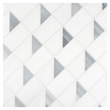 Reflectangle mosaic tile in honed White Whisp Dolomiti Light and Medium with Platino Azzurro marble. 
