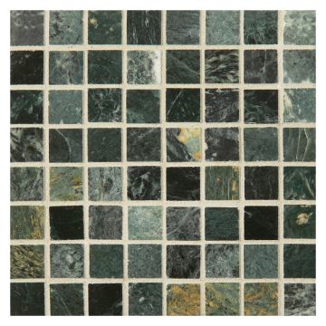 5/8" square mosaic tile in polished Verde Gold marble.