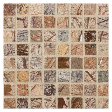 5/8" square mosaic tile in polished Earth Storm Brown marble.