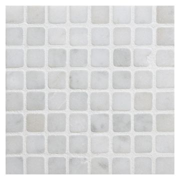 5/8" square mosaic tile in tumbled White Carrara marble.