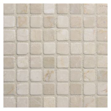 5/8" square mosaic tile in tumbled Botticino marble.