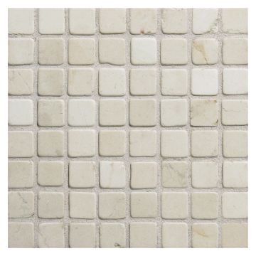 5/8" square mosaic tile in tumbled Bianco Verdito marble.