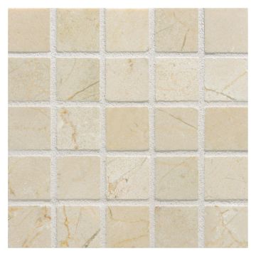 1" square mosaic tile in polished Crema Marfil marble.