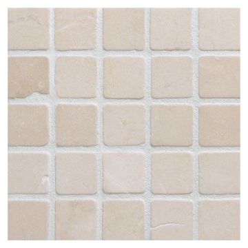 1" square mosaic tile in tumbled Crema Marfil marble.